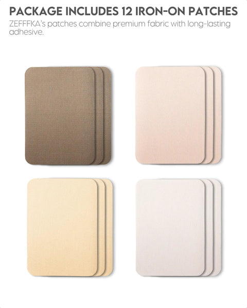 Premium Quality Fabric Iron On Patches Kit With Ultra Strong Glue, 12 patches in shades of brown beige and khaki displayed