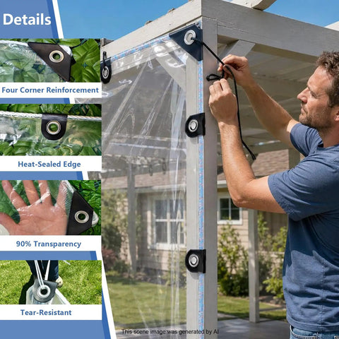 Tough As Nails Heavy Duty Clear Tarp 6 X 12 Ft Waterproof 8 Mil Thick Vinyl Sheet with reinforced grommets in use outdoors.