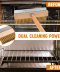 37 Inch Wood Handle Pizza Oven Brush With Scraper, Grime Bustin Outdoor Cleaning Tool in use on oven rack, before and after cleaning