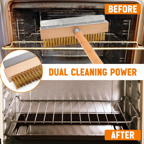 37 Inch Wood Handle Pizza Oven Brush With Scraper, Grime Bustin Outdoor Cleaning Tool in use on oven rack, before and after cleaning