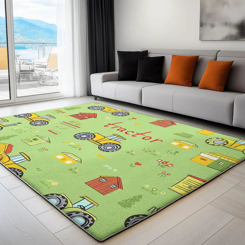 Living room with Ultra Soft 3x5 Ft Cartoon Farm Field Tractor Area Rug For Dining Room Bedroom And Living Room Stain And Water Resistant Non Slip Rug Pet And Kid Friendly Machine Washable Faux Wool Comfort With Low Profile 0.24 Inch Thick on floor