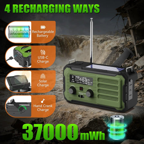 Emergency Hand Crank Solar Radio With 10000mAh Battery And 37000mWh Power Bank showing 4 charging modes with rugged design
