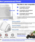 Dimensions and specifications of a 4 Pack Replacement Filter For Water Filter Pitcher Compatible With Aquagear And Seychelle BPA Free.