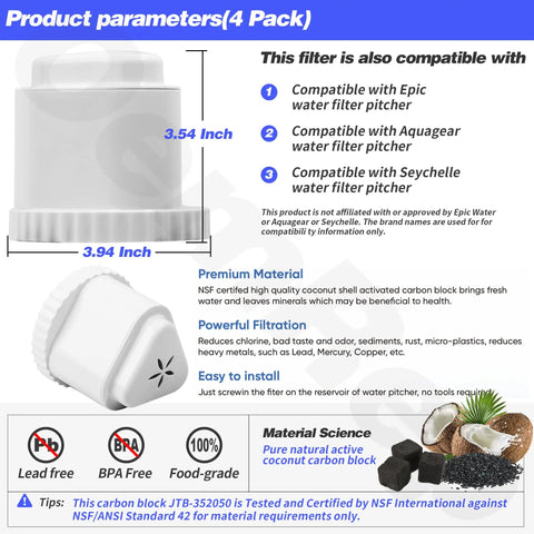 Dimensions and specifications of a 4 Pack Replacement Filter For Water Filter Pitcher Compatible With Aquagear And Seychelle BPA Free.