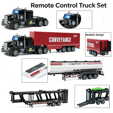 3 In 1 RC Truck Toy Set With Car Carrier Tanker And Container Trucks Sounds And Lights 14 Inch 1 48 Scale Remote Control Construction Truck With Rechargeable Batteries Black