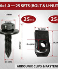 Go-To 50-Piece Automotive Body Bolts And Screws With U-Nut Clips Kit showing bolt and clip dimensions and quantities