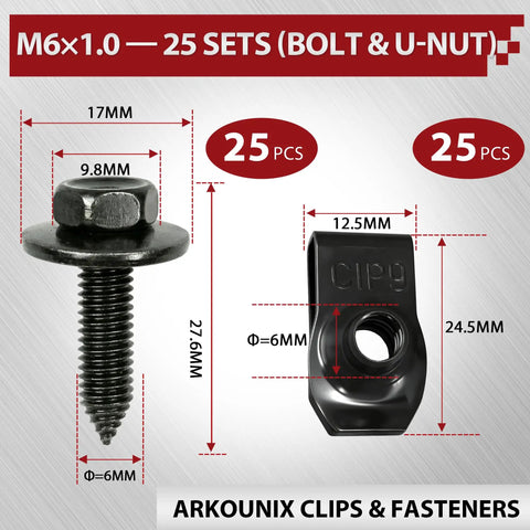 Go-To 50-Piece Automotive Body Bolts And Screws With U-Nut Clips Kit showing bolt and clip dimensions and quantities