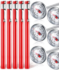 Six Pack Stainless Steel Kitchen Thermometers With Five Inch Probes And One Inch Dials Red Sleeves For Oven Meat Grill BBQ Cooking Chocolate And Water Temperature