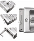 Slick Brushed Nickel Pocket Sliding Door Lock And Privacy Pull Handle With Reversible Latch Hardware Kit For Smooth Glide And No Sweat Setup On Interior Doors Sized One Three Eighths Inch Thick showing detailed views.