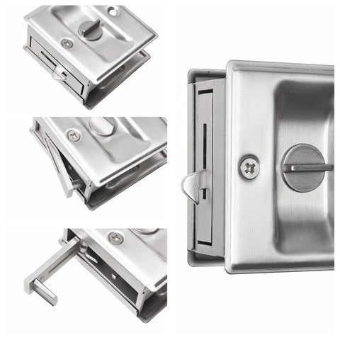 Slick Brushed Nickel Pocket Sliding Door Lock And Privacy Pull Handle With Reversible Latch Hardware Kit For Smooth Glide And No Sweat Setup On Interior Doors Sized One Three Eighths Inch Thick showing detailed views.