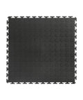 Single black 18x18 inch rubber tile with raised coin pattern for Interlocking 18x18 Inch Rubber Floor Tiles For Home Gym Garage Basement And Trade Show Flooring Raised Coin Pattern Puncture Resistant Durable Easy Install Mats 16 Pack Black.