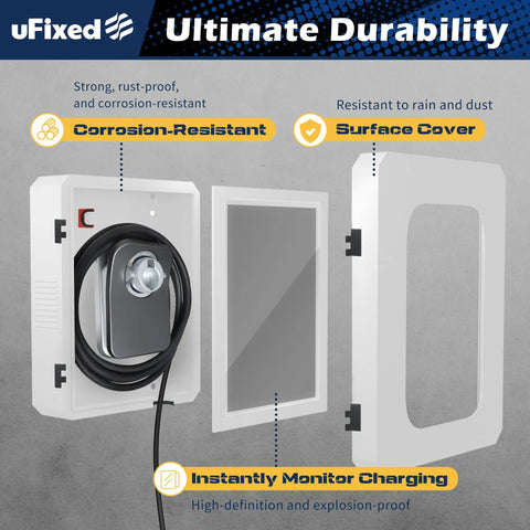 Heavy Duty Weatherproof EV Charger Enclosure Wall Box With Secure Code Lock Solid Shield For Tesla And Chargepoint Setup shown open with charging cable.