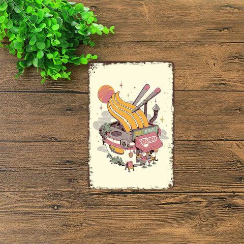 Funny Vintage Metal Ramen Bowl Sign For Restaurant And Home Kitchen Decor 8x12 Inch Tin Wall Art Poster with retro vibe.