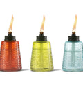 Set Of 3 Molded Glass Tabletop Torches In Rio Red, Key Lime Green, And Ocean Blue For Outdoor Lawn, Patio And Garden Lighting, Weather Resistant With Long Lasting Wick And Snuffer, 12 Oz Burn Time Up To 5 Hours Per Fill