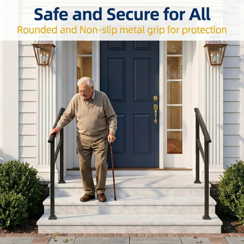 Heavy Duty 3 Step Outdoor Handrail 2 Pack Adjustable Metal Stair Railing with rounded, non-slip grip for safe entry.