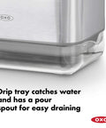 Close-up of drip tray and pour spout on Real Handy Stainless Steel Sink Caddy Keeps Sponges And Brushes Neat And Within Reach.
