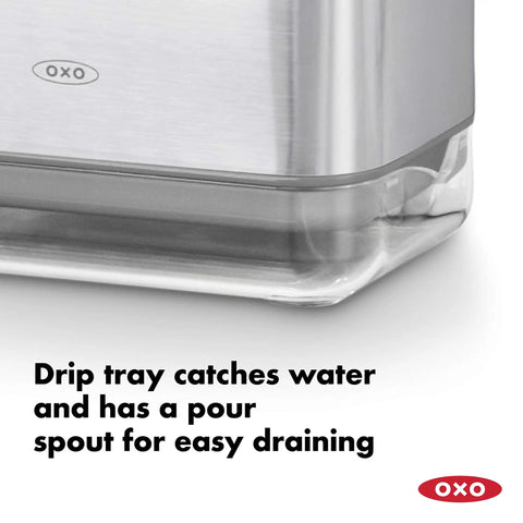 Close-up of drip tray and pour spout on Real Handy Stainless Steel Sink Caddy Keeps Sponges And Brushes Neat And Within Reach.