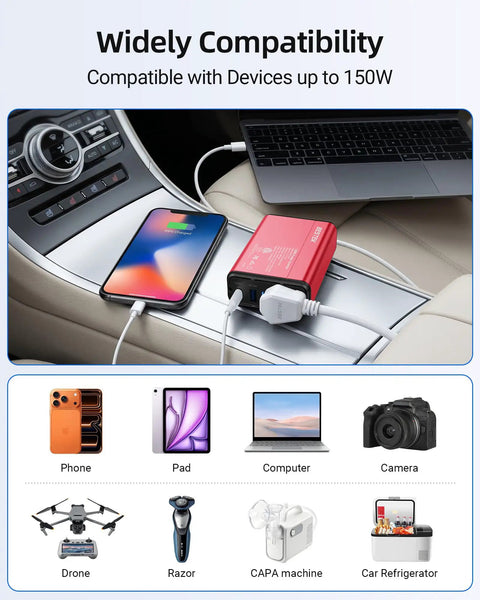 Premium Tailgate Ready 150W Car Power Inverter With Dc To Ac Converter charging phone and laptop in car.