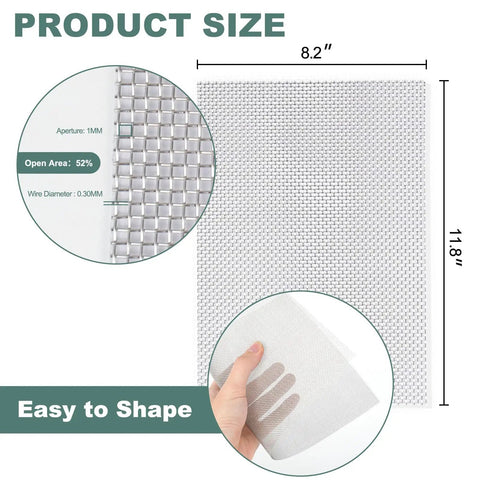 Diagram of 304 stainless steel wire mesh screen, 11.8x8.2 inches, with 1mm holes, 20 mesh, for vents, windows, and DIY projects.