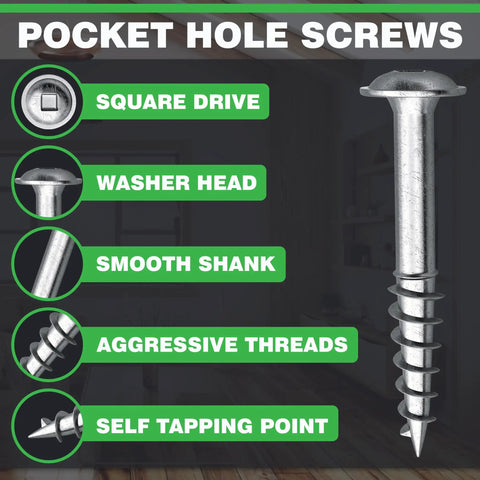 Pocket Screws No 8 One And A Quarter Inch Zinc Plated Square Drive Washer Head for woodworking close-up of screw features