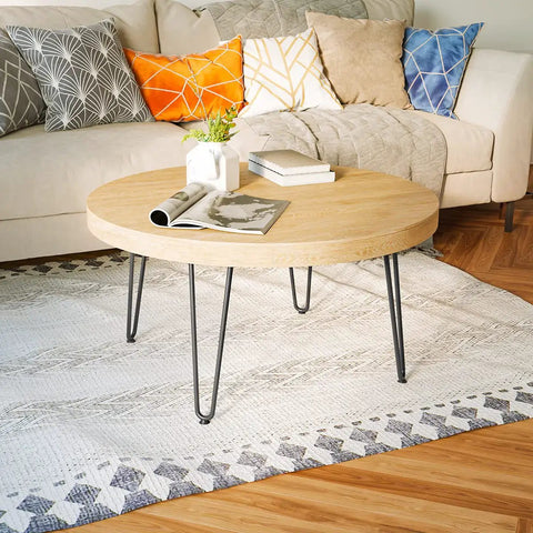 Round coffee table with iron hairpin table legs 16 inch solid half inch steel with rubber floor protectors black 4 pack.