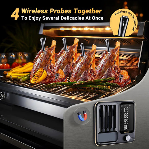 Four Probe Wireless Meat Thermometer With WiFi And Bluetooth Non Phone Connect Mode for grilling displayed with meat and vegetables