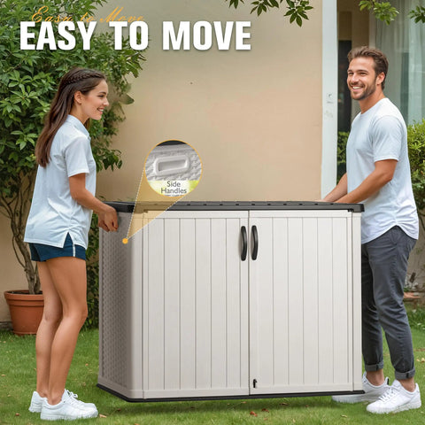 People moving 27 Cu Ft Resin Outdoor Storage Box Weather Resistant No Shelf Easy To Assemble 47.6 x 25.4 x 37 Inches White