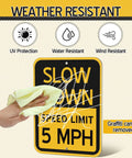 6 Pack Bright Yellow Slow Down 5 MPH Speed Limit Signs Durable Reflective Aluminum Street Safety Boards No Sweat Setup For Driveways Parking Lots And Rental Properties, hand cleaning weather resistant sign.