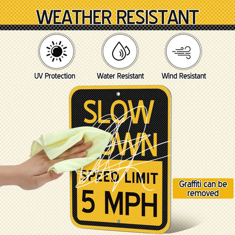 6 Pack Bright Yellow Slow Down 5 MPH Speed Limit Signs Durable Reflective Aluminum Street Safety Boards No Sweat Setup For Driveways Parking Lots And Rental Properties, hand cleaning weather resistant sign.