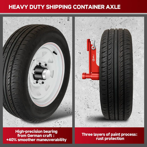 Heavy Duty 6 Lug Shipping Container Wheel Kit with axles and ratchet tie down straps for 20 to 40 foot containers close-up