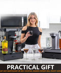 Woman using Bartesian Capsule Holder With Slide Out Drawer Matte Black 40 Pod Storage Organizer for Bartesian Cocktail Maker and BEV Pods.