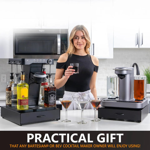 Woman using Bartesian Capsule Holder With Slide Out Drawer Matte Black 40 Pod Storage Organizer for Bartesian Cocktail Maker and BEV Pods.