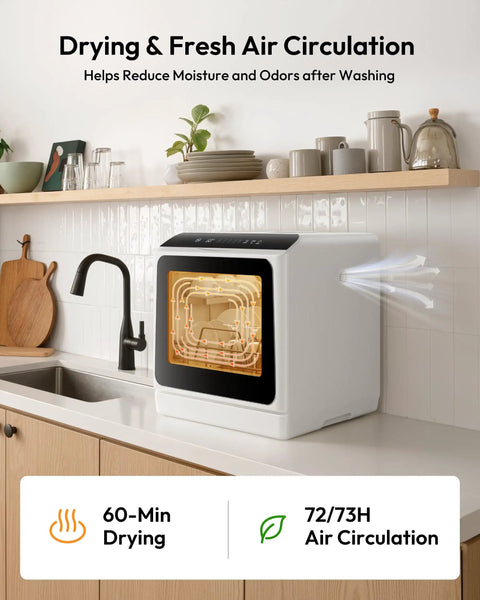 Hassle Free Portable Countertop Dishwasher With Six Smart Wash Cycles And Ultra Quiet Forty Decibel Operation For Smooth Apartment Living Without The Plumbing Headache in modern kitchen setting with drying feature.