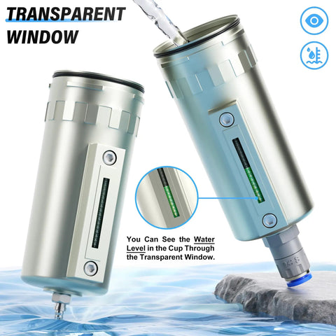 Beefy Heavy Duty 0 to 240 PSI air drying system with transparent water level window, three-stage filtration.