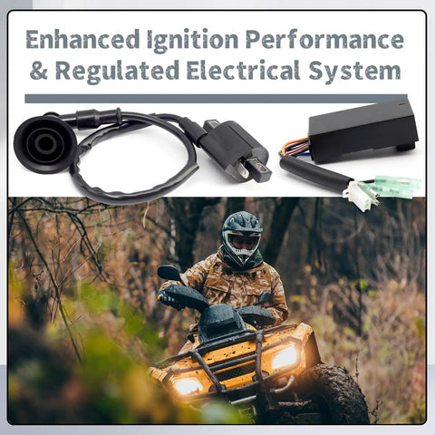 5 Pack Ignition Coil Kit Replacement for Sportsman 90 Quad ATV with Voltage Regulator and accessories shown with ATV use