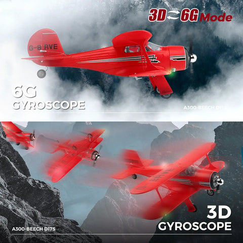 A300 4 Channel RC Plane With LED Lights Beechcraft D17 Style Brushless Motor flying against clouds