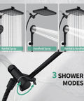 Three shower modes of the 12 Inch Rain Shower Head With NSF Filtered Handheld Spa Like Combo High Pressure Rainfall Shower Head 9 Spray Modes Handheld With 9 Inch Extension Arm Includes Chlorine Removing Filter Dark Gray.
