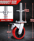 Heavy Duty 4 Pack 6 Inch Adjustable Scaffolding Caster Wheels With Roll Lock Brakes And High Rotation Swivel Design showing size measurements.