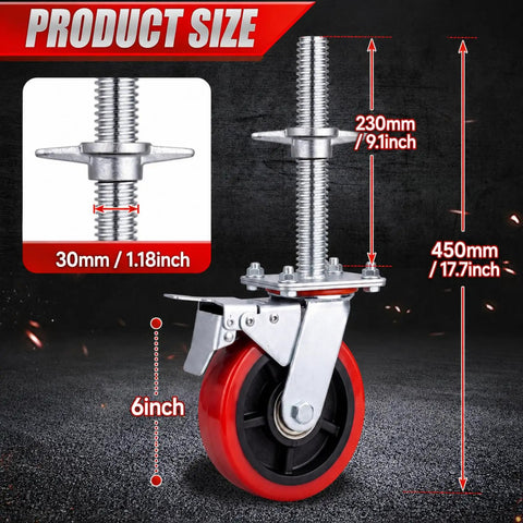 Heavy Duty 4 Pack 6 Inch Adjustable Scaffolding Caster Wheels With Roll Lock Brakes And High Rotation Swivel Design showing size measurements.