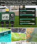 Outdoor Water Timer For Garden Hose With Auto Manual And Rain Delay Modes No Fuss 3 Zone Sprinkler Controller With Brass Inlet Easy Programmable Digital Timer For Yard Lawn Irrigation displaying settings on screen