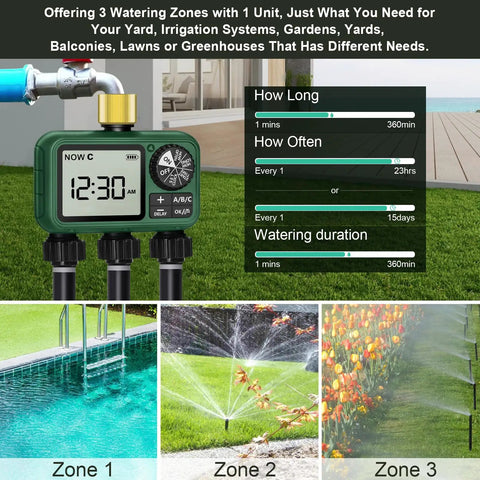 Outdoor Water Timer For Garden Hose With Auto Manual And Rain Delay Modes No Fuss 3 Zone Sprinkler Controller With Brass Inlet Easy Programmable Digital Timer For Yard Lawn Irrigation displaying settings on screen