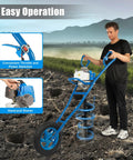 Man operating Gas Powered 63cc 2 Stroke Post Hole Digger With 3HP Engine, 11 Inch Earth Auger Bit for fence lines, outdoors.