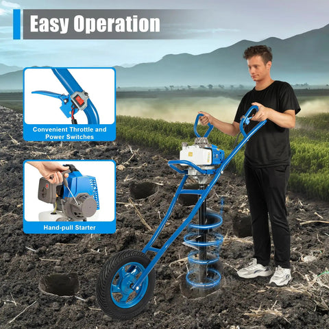 Man using Beast Power 63cc 2-Stroke Gas Post Hole Digger for fencing and farming with 12 inch drill bit in a field.