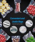 Meal Prep Ready Vacuum Sealer Bags For Food Storage 6x8 Inch showing packed vegetables and meat, boil and freeze safe.