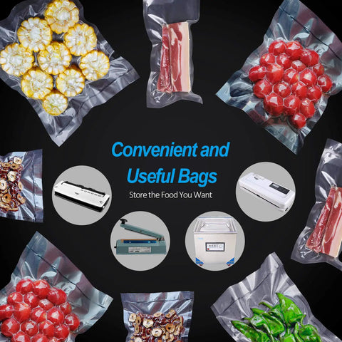 Meal Prep Ready Vacuum Sealer Bags For Food Storage 6x8 Inch showing packed vegetables and meat, boil and freeze safe.