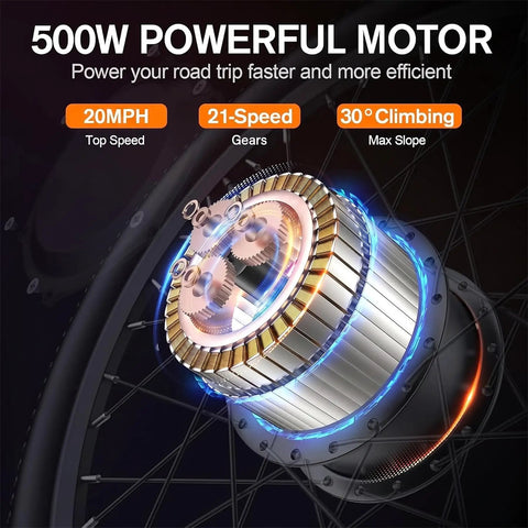 500W motor of Powerful 500W Electric Mountain Bike for Adults With 27.5 Inch Wheels, 48V 499Wh Removable Battery, 21 Speed Gears