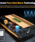 Power Up Anywhere With A 2000 Watt Pure Sine Wave Inverter That Turns 12V DC Into 110V 120V AC For Truck RV Home Solar And Off Grid Use With 4000W Surge Dual AC Outlets 5V 3.4A USB Digital Display Remote Control with digital display and circuit board. Technical specs and sine wave graph visible.