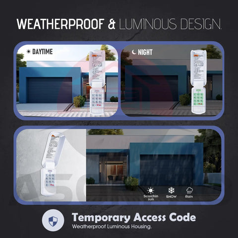 Genie Wireless Garage Door Opener Keypad Replacement shown in day and night usage, weatherproof and luminous design.