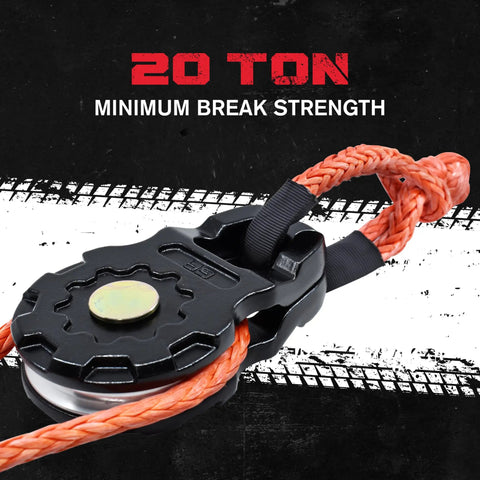 Beast Mode Ultra Snatch Block Pulley 20 Ton Aluminum Winch Rigging For Off Road Recovery with synthetic rope in use.