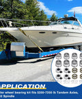 Boat trailer bearing kit: side view of boat on blue trailer; inset shows 4-set kit with seals, dust caps, nuts